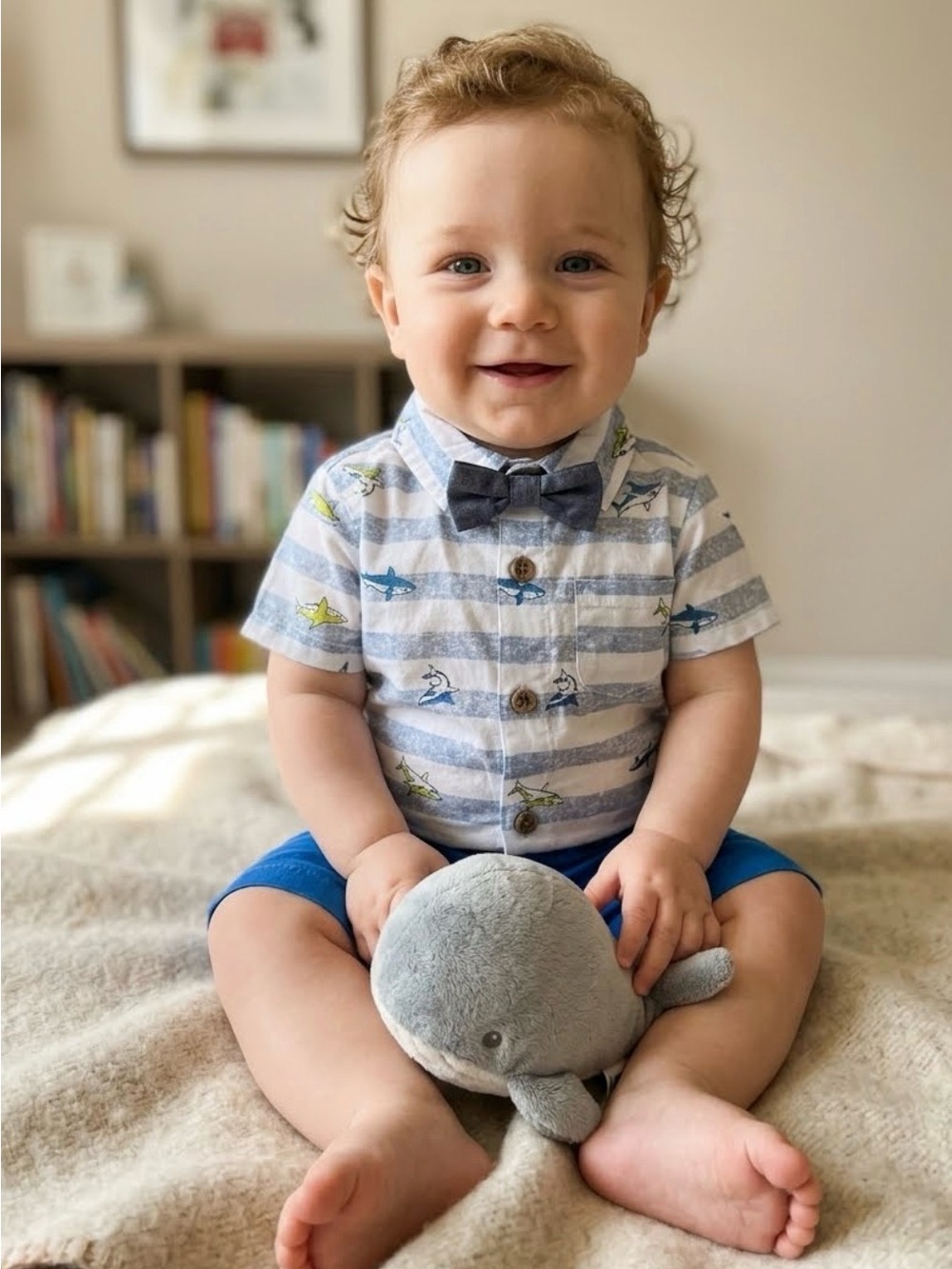 Boys Blue Striped Shark Print Matching Set with Bow Tie